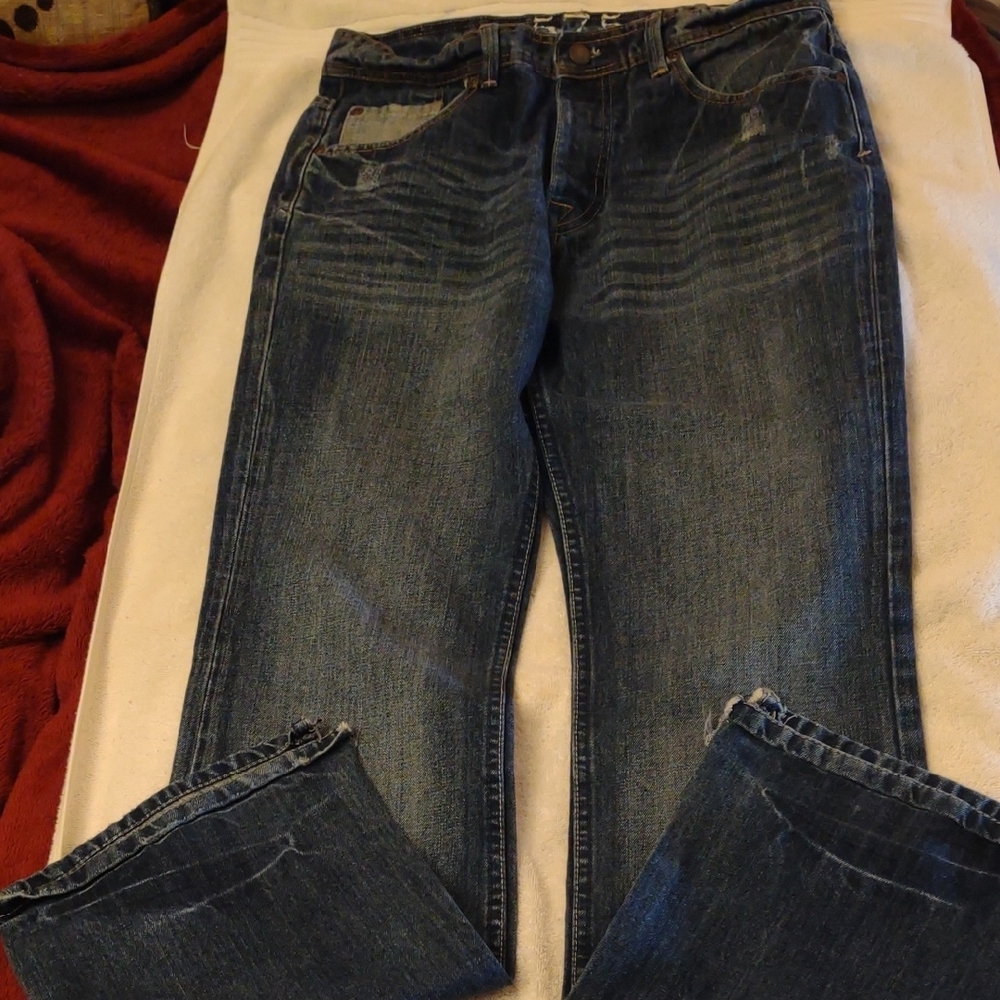 575 Denim - Blue Boot Cut Jeans with Distressed Look and Faded Wash - Sz. 30